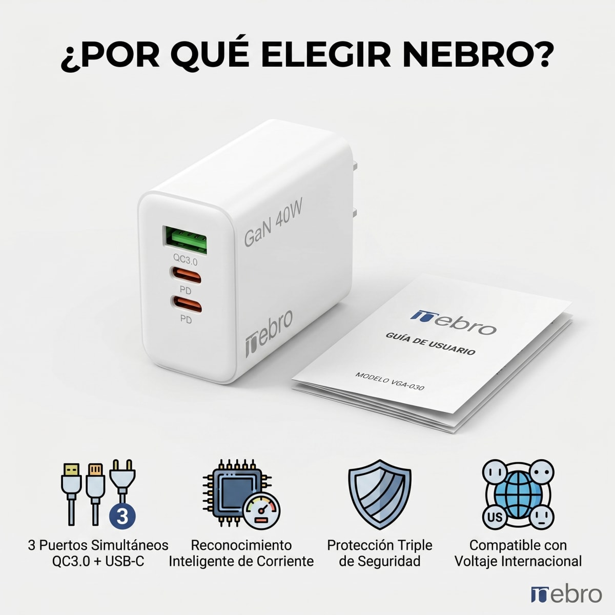 Cargador Rápido Nebro VGA-030 3 Puertos QC3.0 + Doble USB-C 20W7