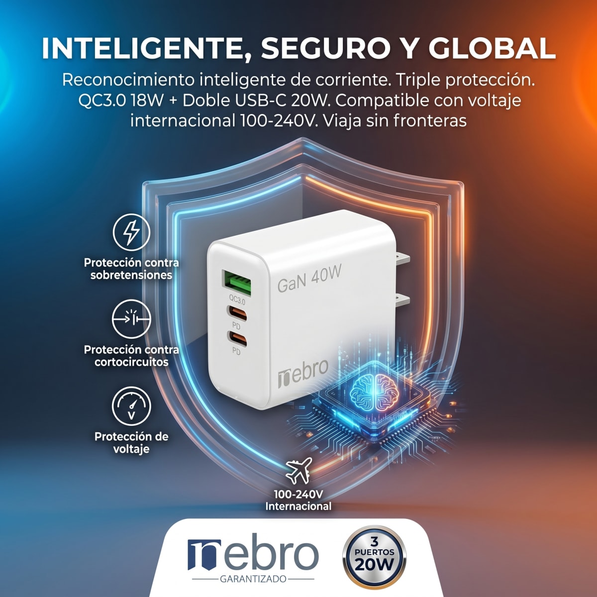 Cargador Rápido Nebro VGA-030 3 Puertos QC3.0 + Doble USB-C 20W5