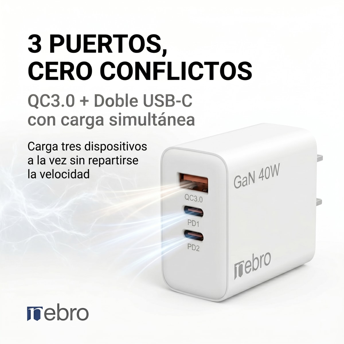 Cargador Rápido Nebro VGA-030 3 Puertos QC3.0 + Doble USB-C 20W2