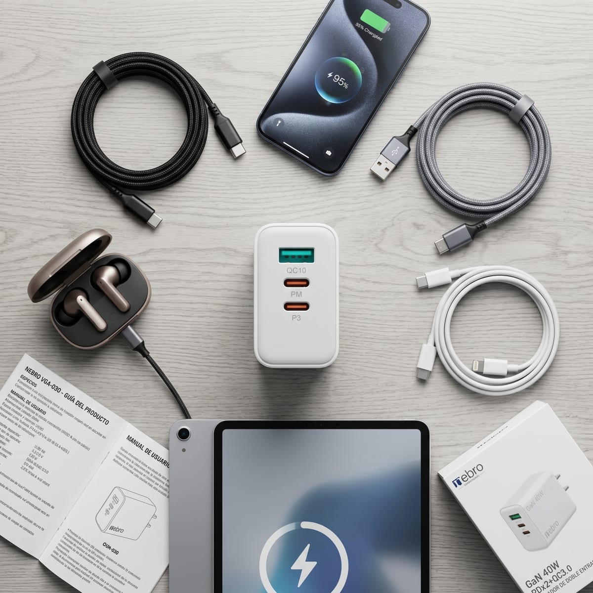 Cargador Rápido Nebro VGA-030 3 Puertos QC3.0 + Doble USB-C 20W4