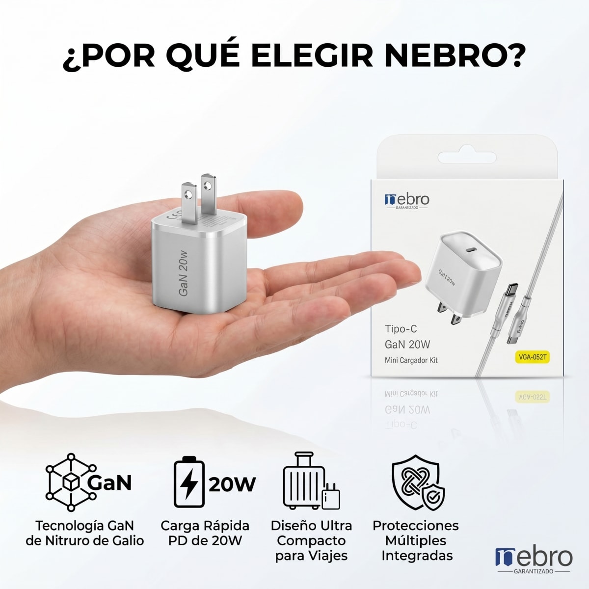 Cargador Mini GaN Nebro VGA-052T 20W Tecnología de Nitruro de Galio USB-C Carga Rápida PD6