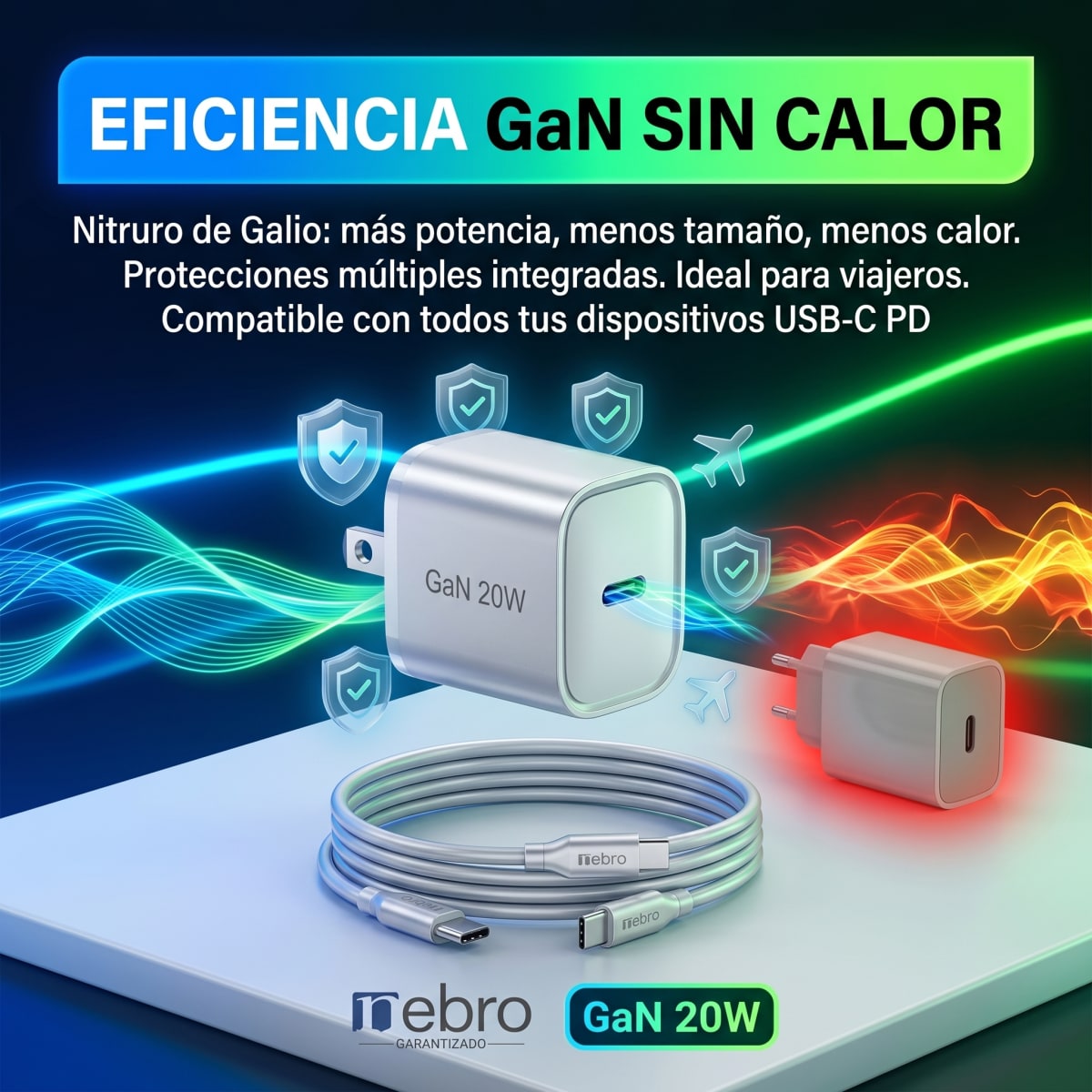 Cargador Mini GaN Nebro VGA-052T 20W Tecnología de Nitruro de Galio USB-C Carga Rápida PD4
