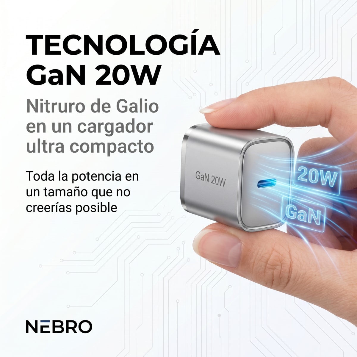 Cargador Mini GaN Nebro VGA-052T 20W Tecnología de Nitruro de Galio USB-C Carga Rápida PD2
