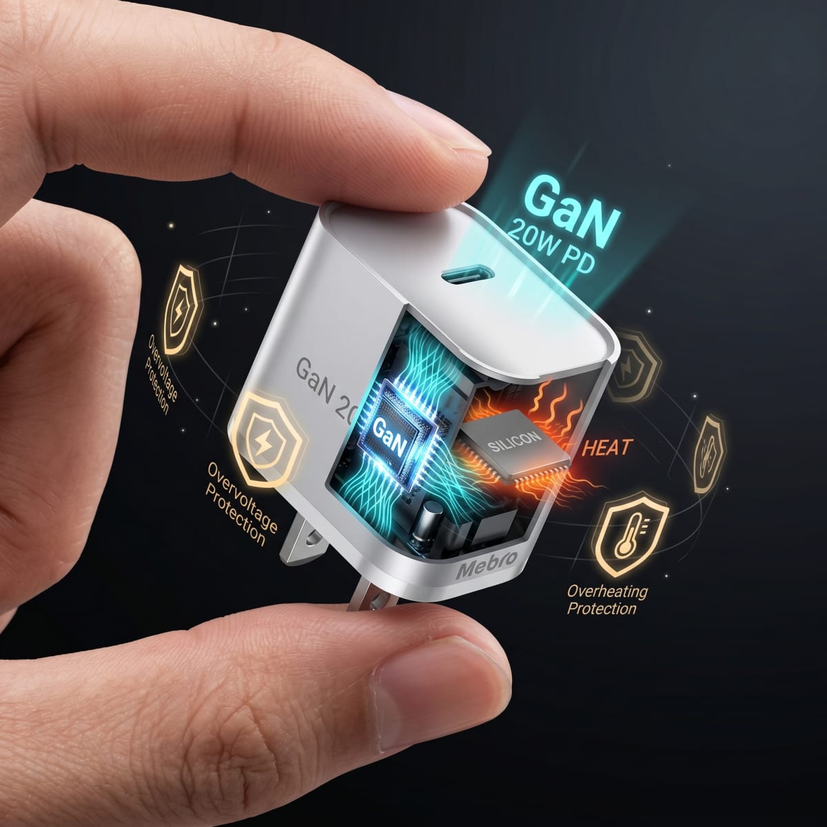Cargador Mini GaN Nebro VGA-052T 20W Tecnología de Nitruro de Galio USB-C Carga Rápida PD3