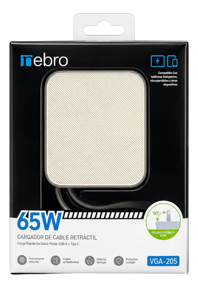 Cargador Retráctil Nebro VGA-205 65W Doble USB-C y USB-A Cable Integrado de 3 Puertos GaN Carga Rápida Pasadores Plegables 90°1
