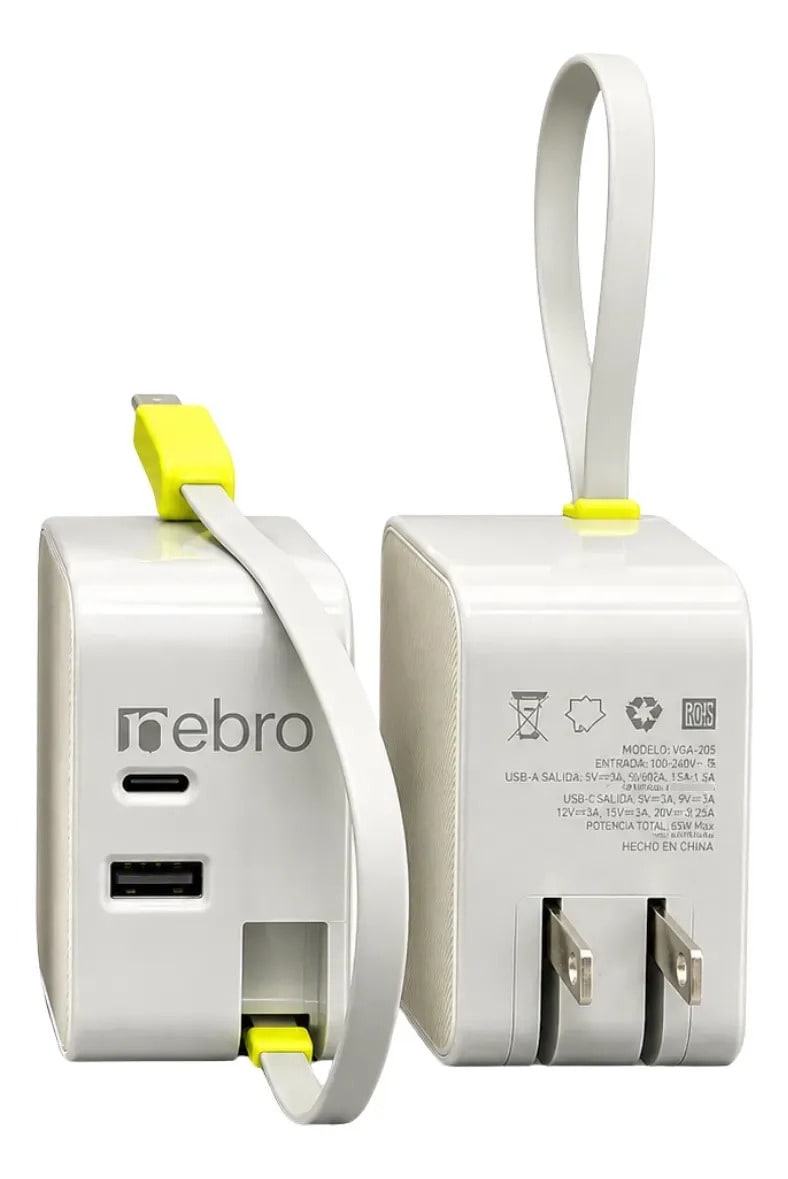 Cargador Retráctil Nebro VGA-205 65W Doble USB-C y USB-A Cable Integrado de 3 Puertos GaN Carga Rápida Pasadores Plegables 90°2