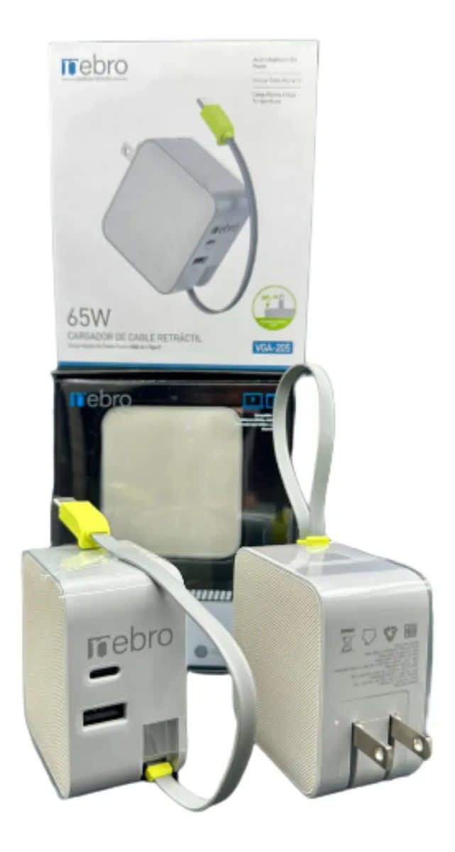 Cargador Retráctil Nebro VGA-205 65W Doble USB-C y USB-A Cable Integrado de 3 Puertos GaN Carga Rápida Pasadores Plegables 90°3