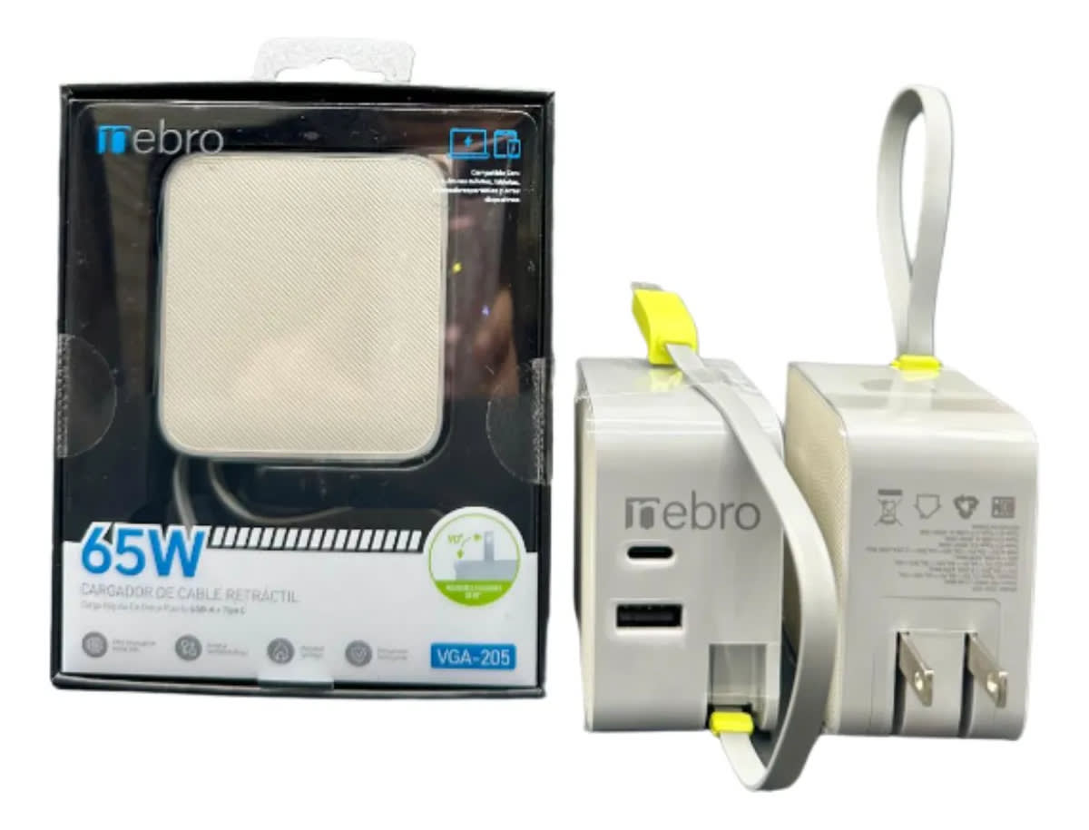 Cargador Retráctil Nebro VGA-205 65W Doble USB-C y USB-A Cable Integrado de 3 Puertos GaN Carga Rápida Pasadores Plegables 90°4
