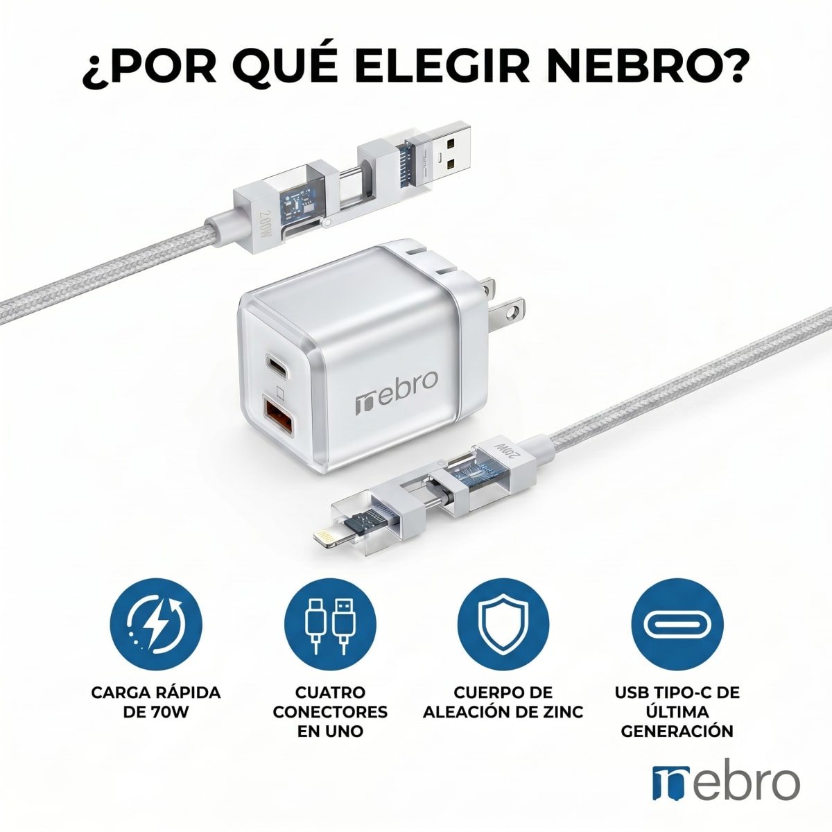 CARGADOR NEBRO TRENZADO VGA-206 70W GaN CUBO  CON SALIDA C Y USB- CABLE 4 EN 1 TRASPARENTE1