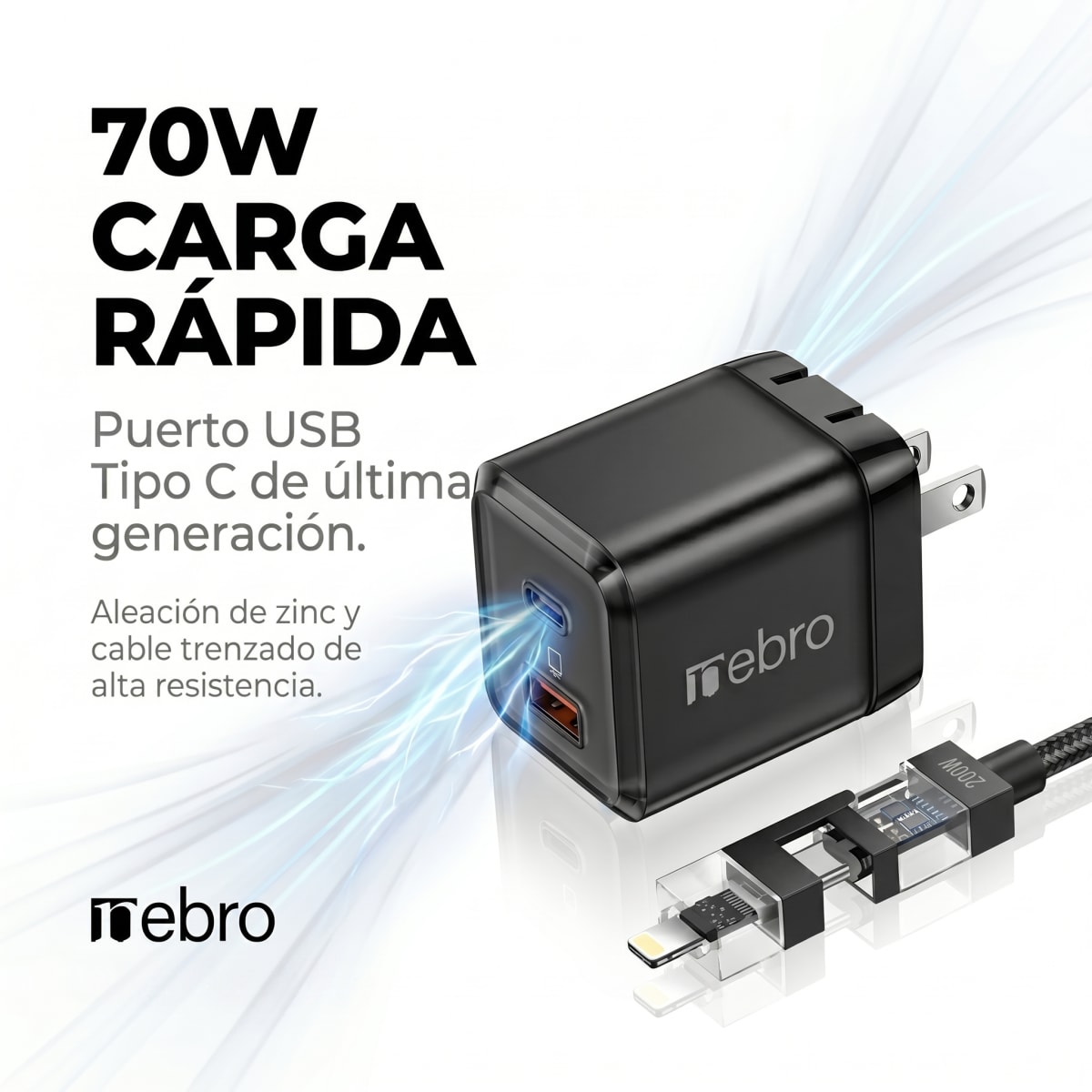 Cargador GaN 70w color rosa con cable 4 en 1 nebro VGA2062