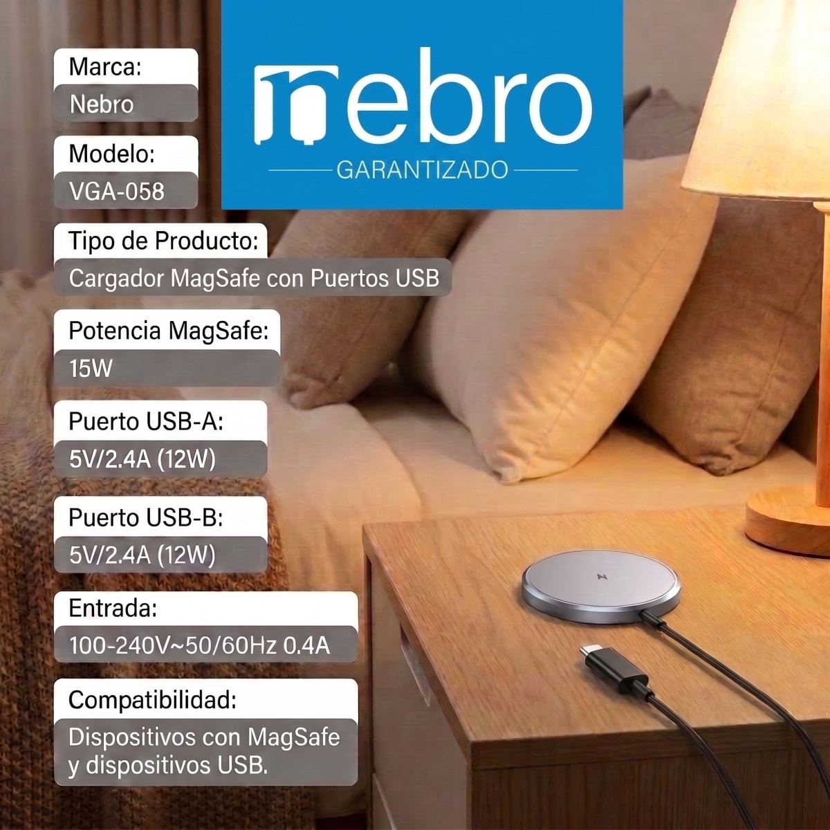 Cargador Nebro VGA-058 Magnetico 15W USB 12W Carga Rápida3