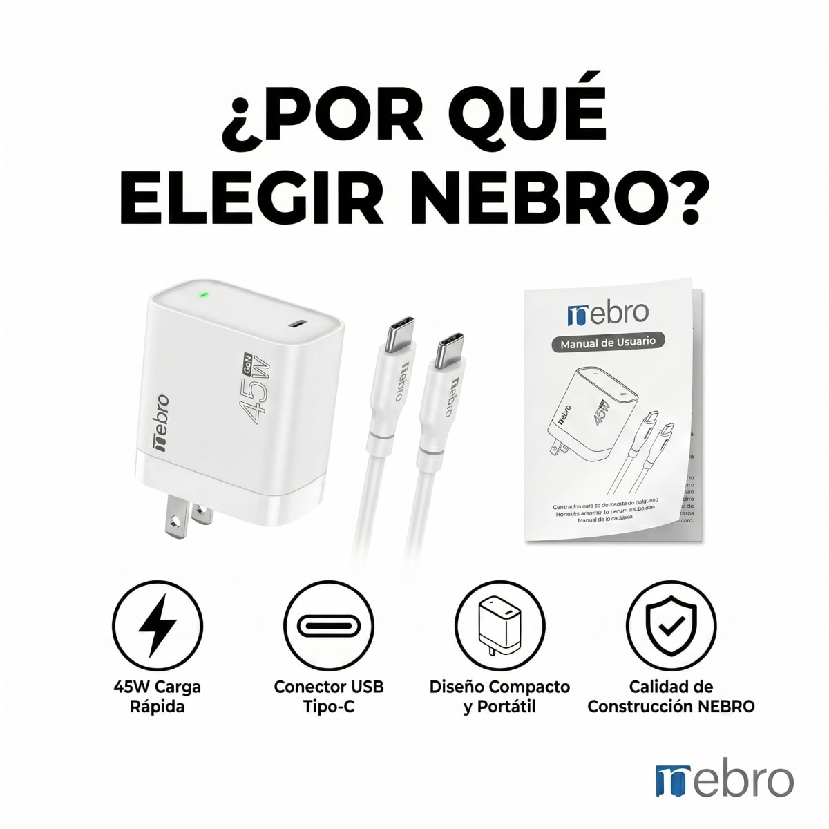 Cargador cable Tipo C NEBRO VGA054T 45W5