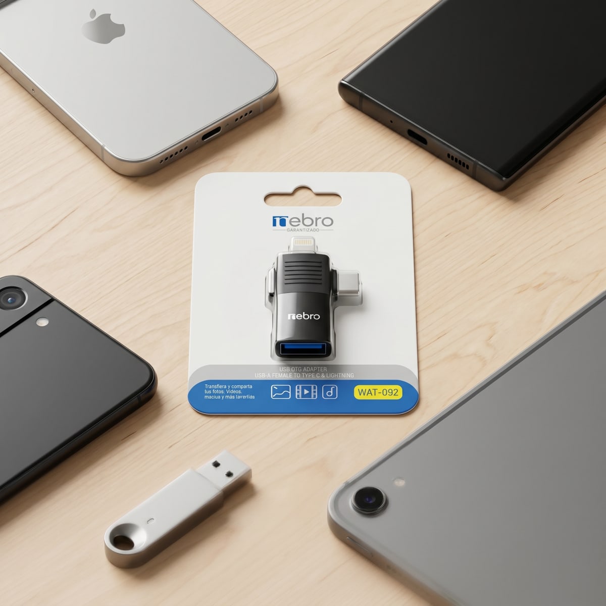 Adaptador USB OTG Nebro WAT-092 USB-A Hembra a Tipo-C y Lightning3