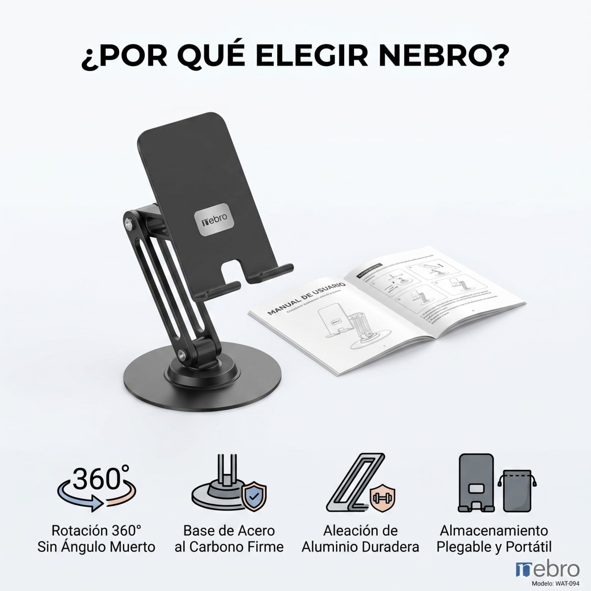 Soporte para Celular y Tablet Nebro WAT-094 Base Ajustable de Aluminio Altura Regulable Compatible con Todos los Dispositivos de 4 a 12 Pulgadas5