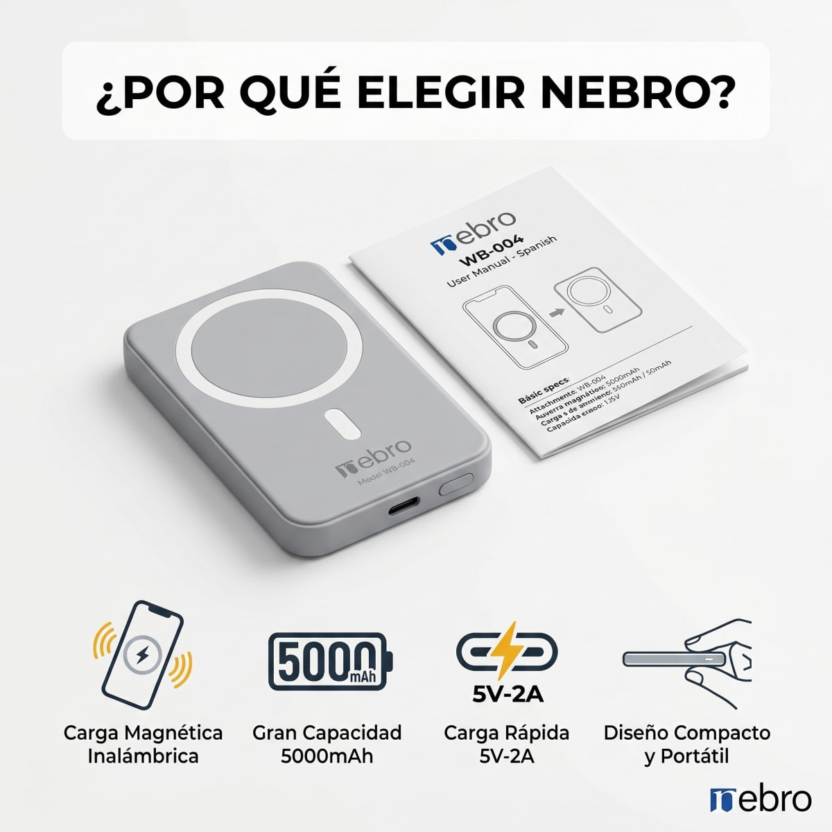 Power Bank Nebro WB-004 20000mAh Carga Rápida 22.5W 3 Puertos USB Carga Simultánea de 3 Dispositivos Batería Externa con Pantalla LED6