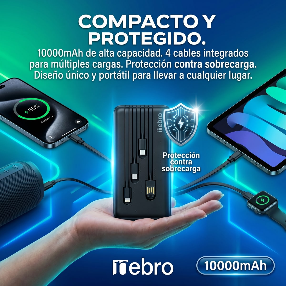 Power Bank Nebro WB-014 10000mAh Batería Portátil con 4 Cables Integrados V8 Tipo-C Lightning y USB Carga Rápida 5V-2A Diseño Compacto y Ligero4