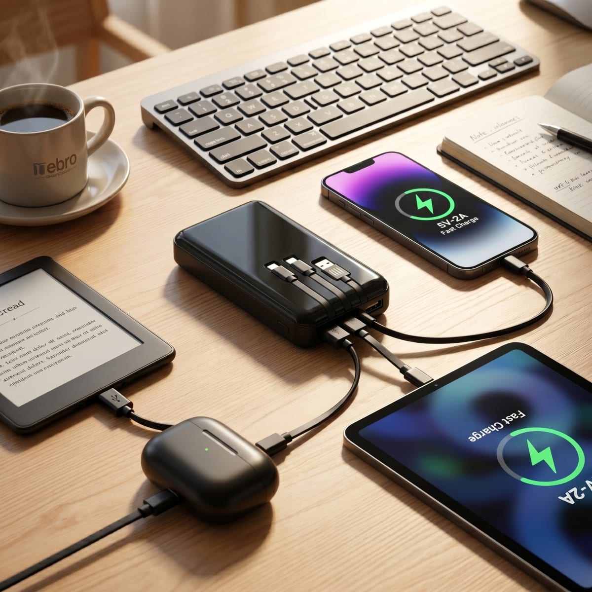 Power Bank Nebro WB-014 10000mAh Batería Portátil con 4 Cables Integrados V8 Tipo-C Lightning y USB Carga Rápida 5V-2A Diseño Compacto y Ligero3