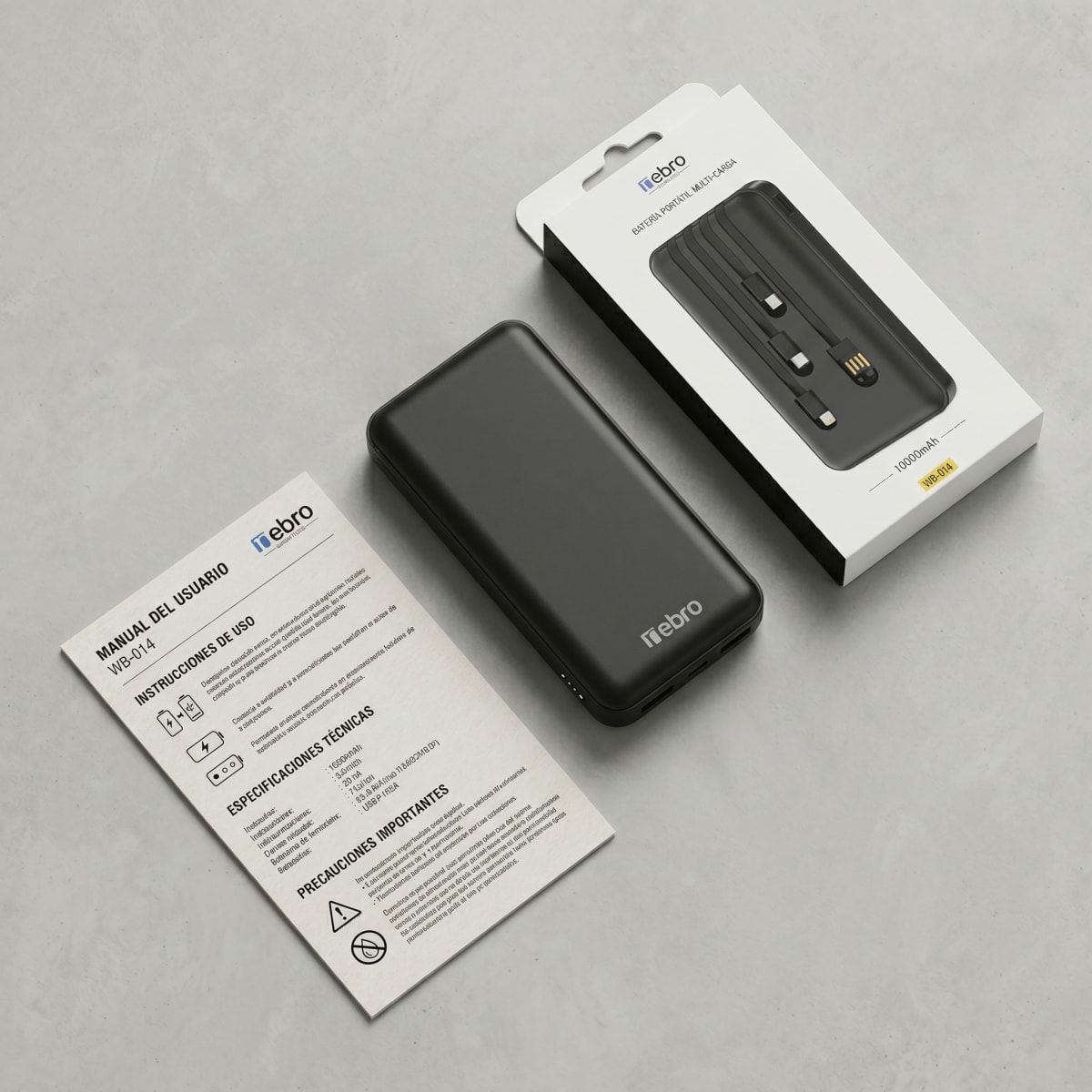 Power Bank Nebro WB-014 10000mAh Batería Portátil con 4 Cables Integrados V8 Tipo-C Lightning y USB Carga Rápida 5V-2A Diseño Compacto y Ligero6