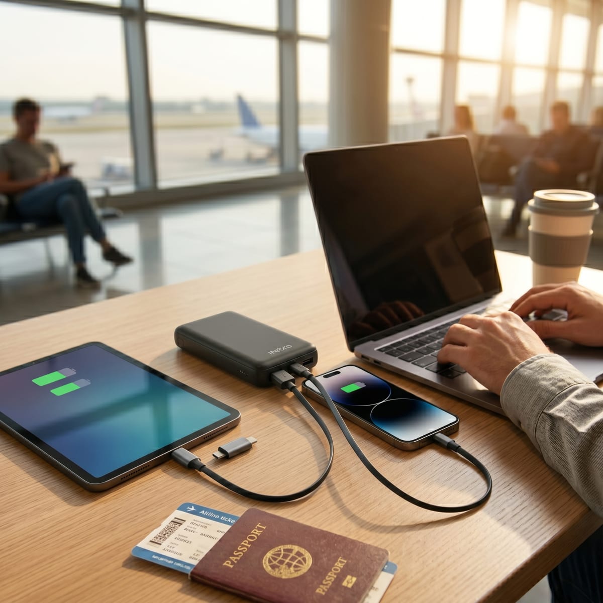 Power Bank Nebro WB-014 10000mAh Batería Portátil con 4 Cables Integrados V8 Tipo-C Lightning y USB Carga Rápida 5V-2A Diseño Compacto y Ligero5
