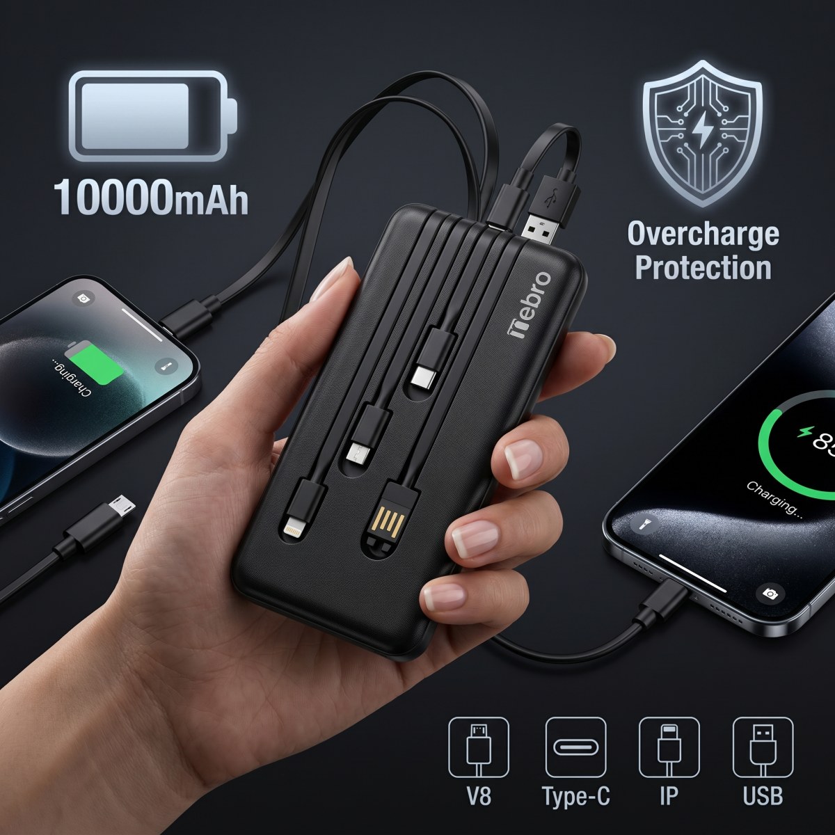 Power Bank Nebro WB-014 10000mAh Batería Portátil con 4 Cables Integrados V8 Tipo-C Lightning y USB Carga Rápida 5V-2A Diseño Compacto y Ligero2