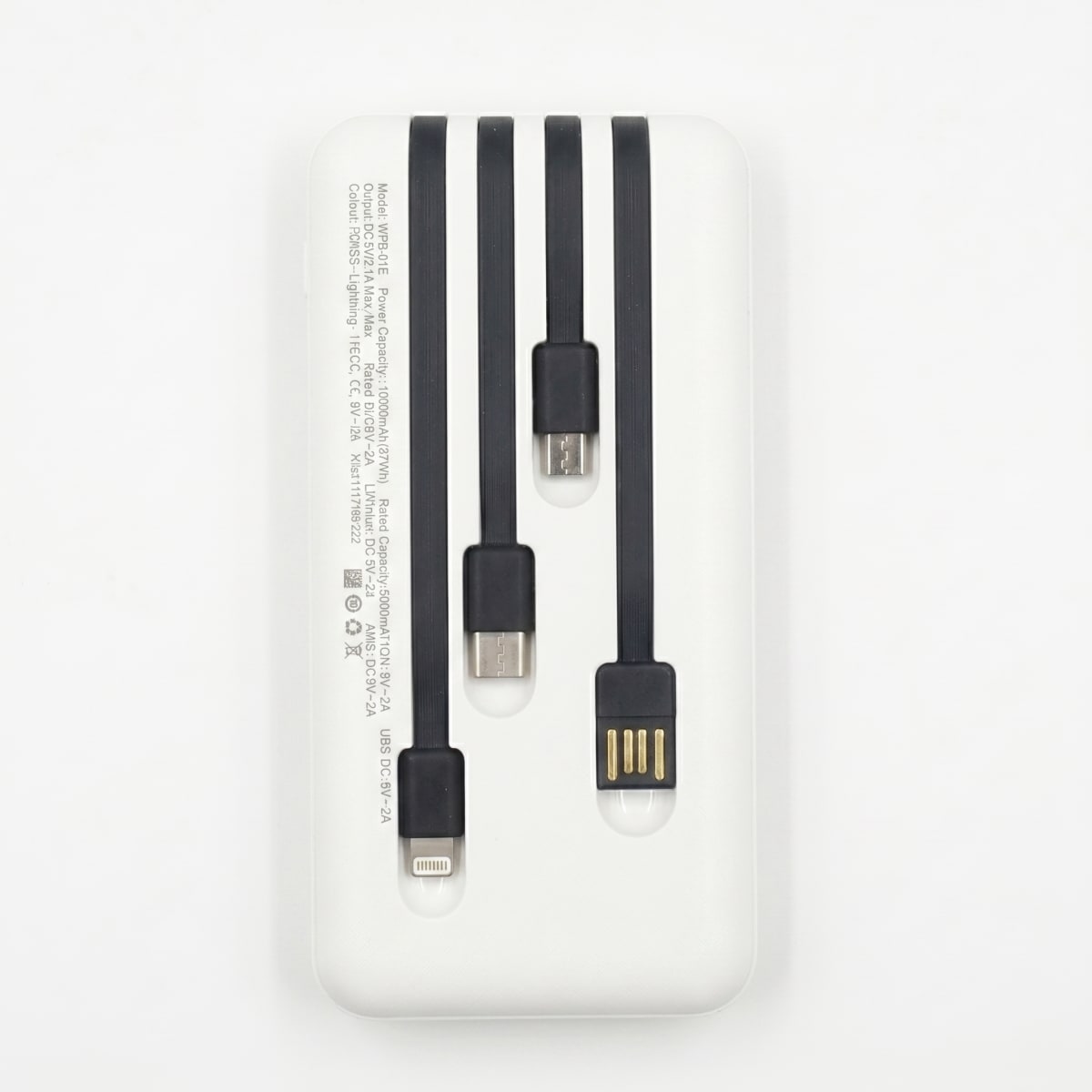 Power Bank Nebro WB-014 10000mAh Batería Portátil con 4 Cables Integrados V8 Tipo-C Lightning y USB Carga Rápida 5V-2A Diseño Compacto y Ligero9