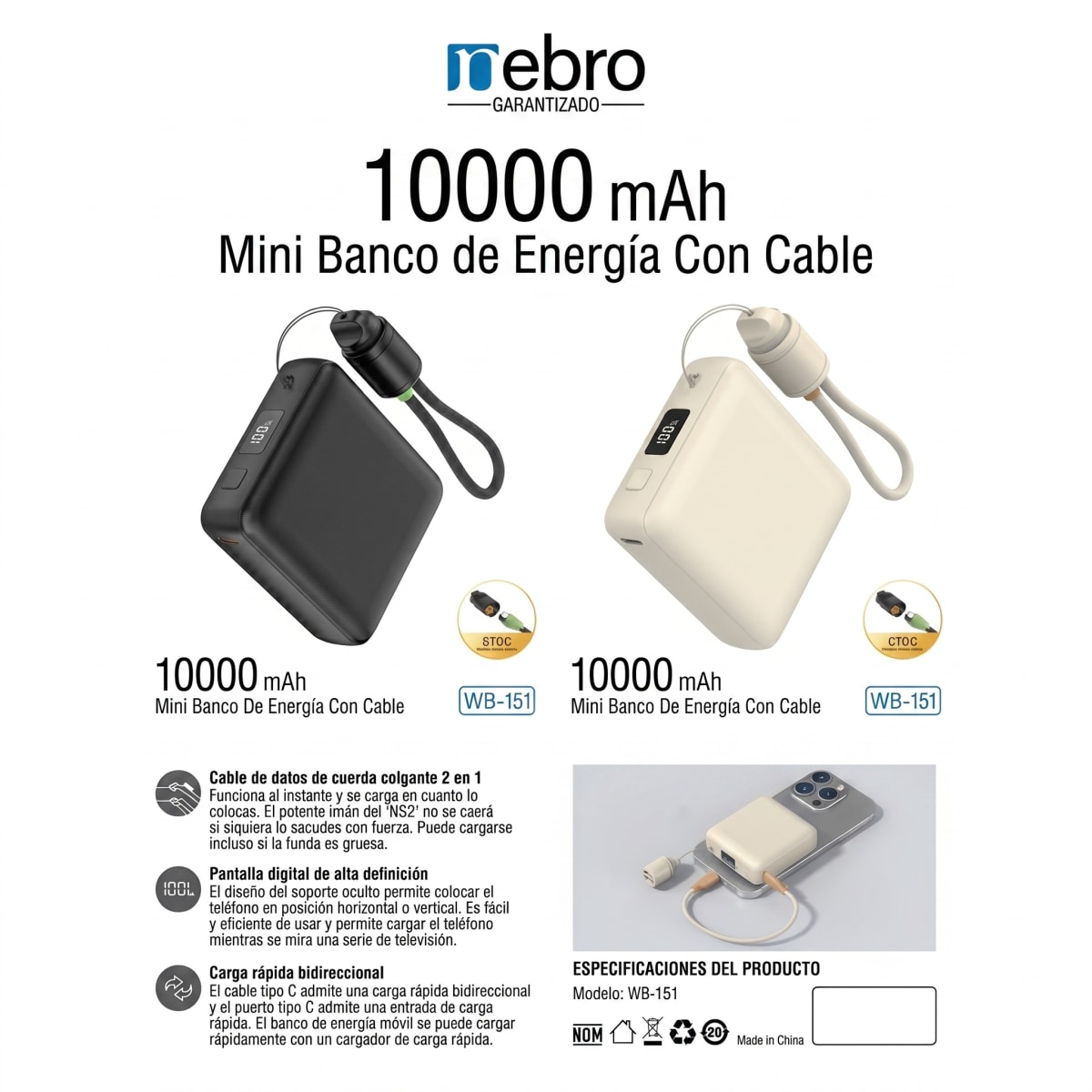 Power Bank Nebro WB-151 1000mAh 37Wh Puertos: Salida iP / USB-C2