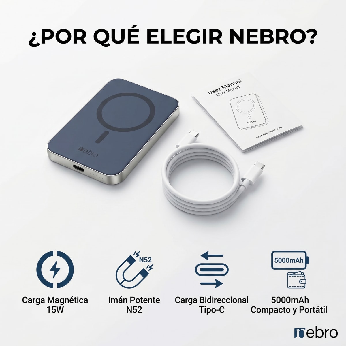 Power Bank Magnético Nebro WB-155 Carga Inalámbrica 15W Batería Externa Magnética N52 Carga Rápida Bidireccional USB-C Compatible con MagSafe, Phone y Fundas Gruesas5