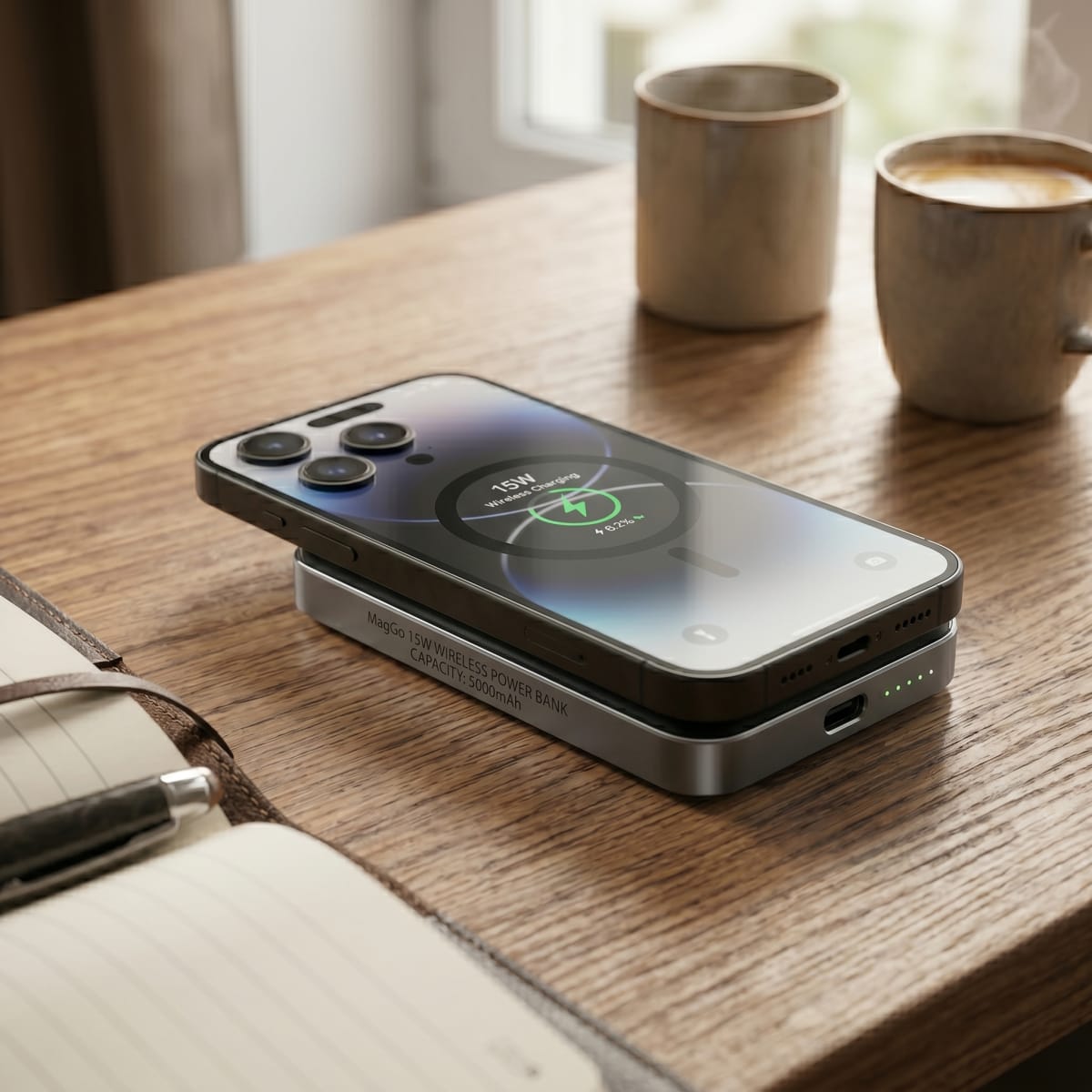 Power Bank Magnético Nebro WB-155 Carga Inalámbrica 15W Batería Externa Magnética N52 Carga Rápida Bidireccional USB-C Compatible con MagSafe, Phone y Fundas Gruesas3
