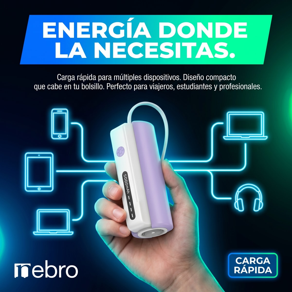 POWERBANK NEBRO WB156 5000 mAh INTERFAZ TIPO C / IP SALIDA DE 5V/2.4A3