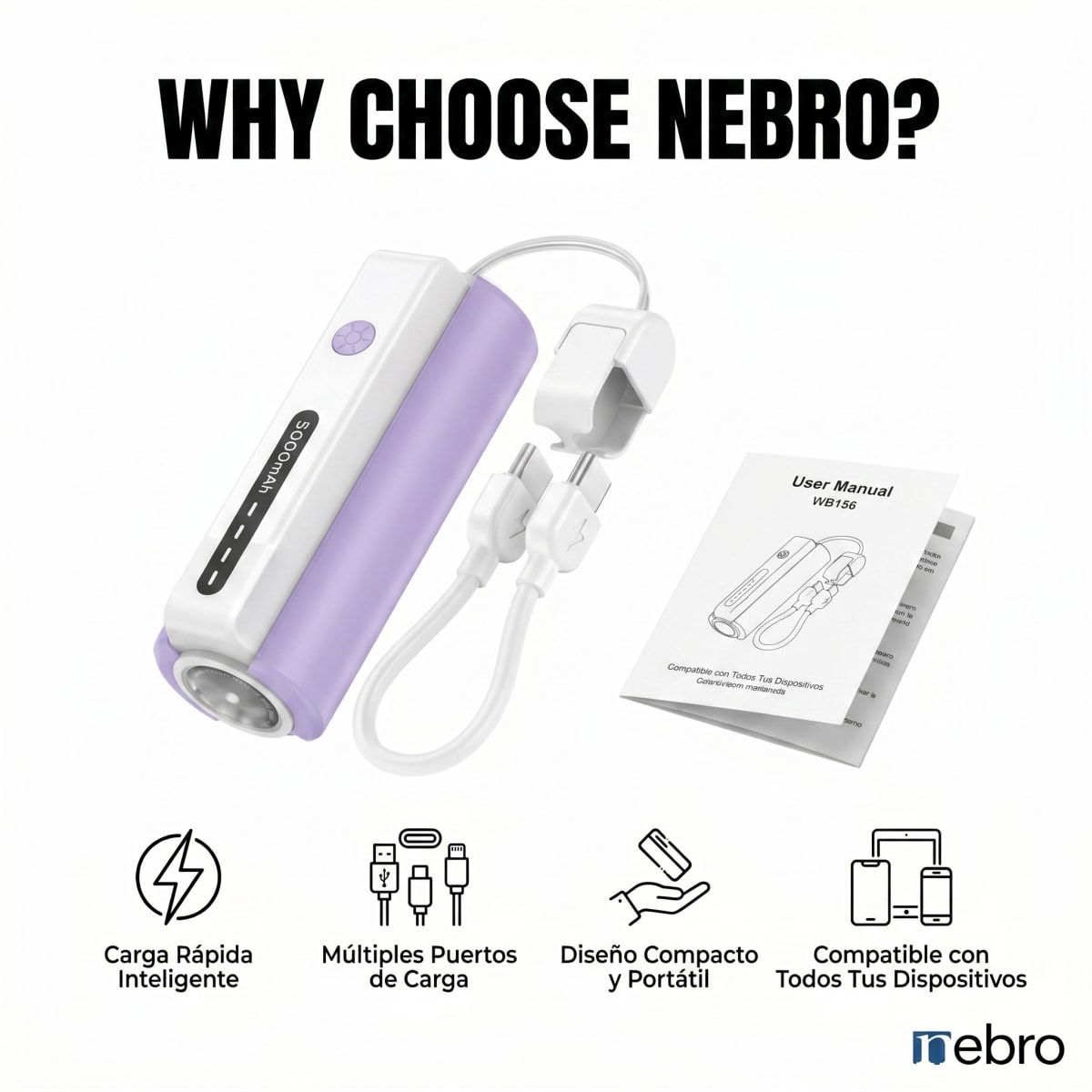 POWERBANK NEBRO WB156 5000 mAh INTERFAZ TIPO C / IP SALIDA DE 5V/2.4A4