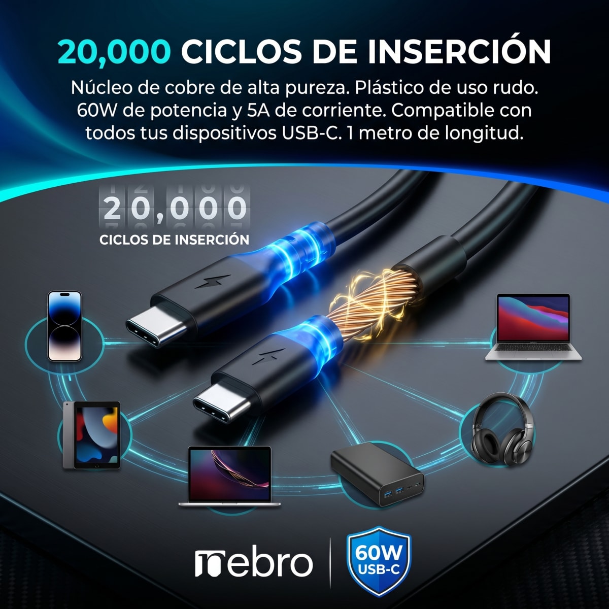 Cable USB-C a USB-C Nebro WD-05TT 1 Metro Carga Rápida 60W 5A4