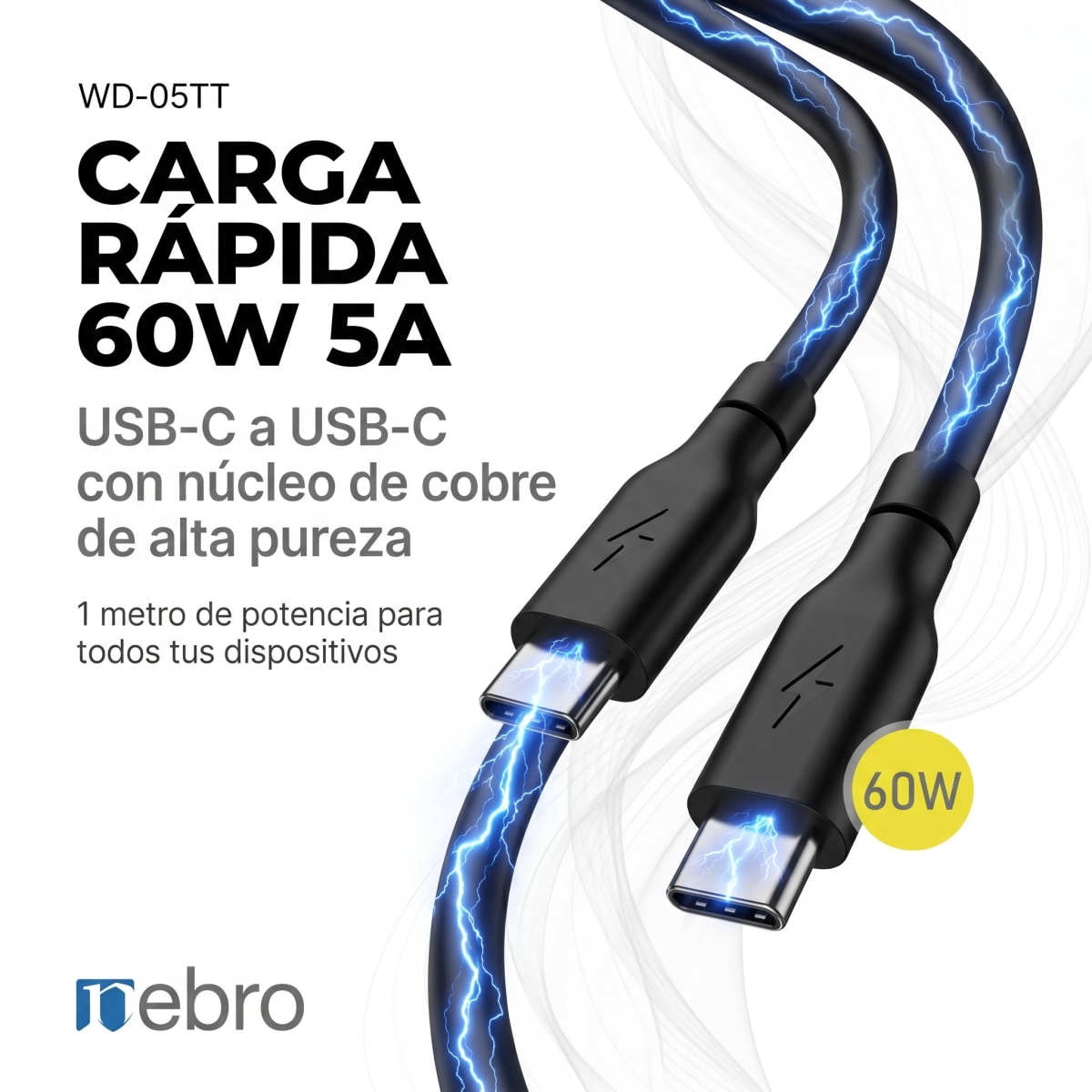 Cable USB-C a USB-C Nebro WD-05TT 1 Metro Carga Rápida 60W 5A2