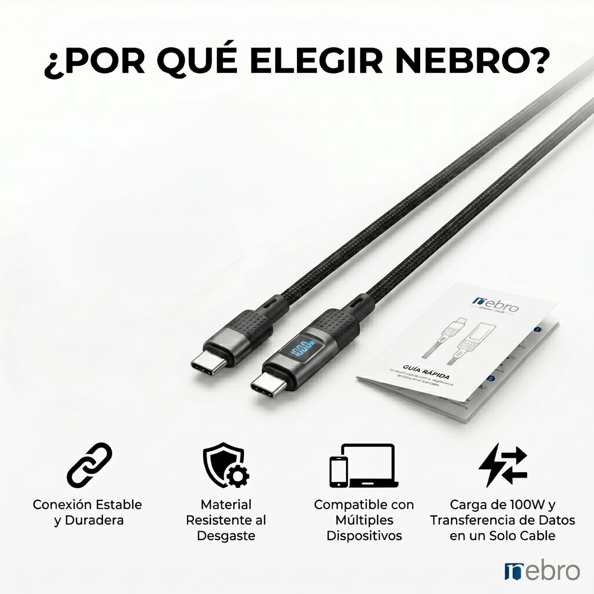 Cable con pantalla digital 100w 1.2m C/C nebro Modelo WD117T1