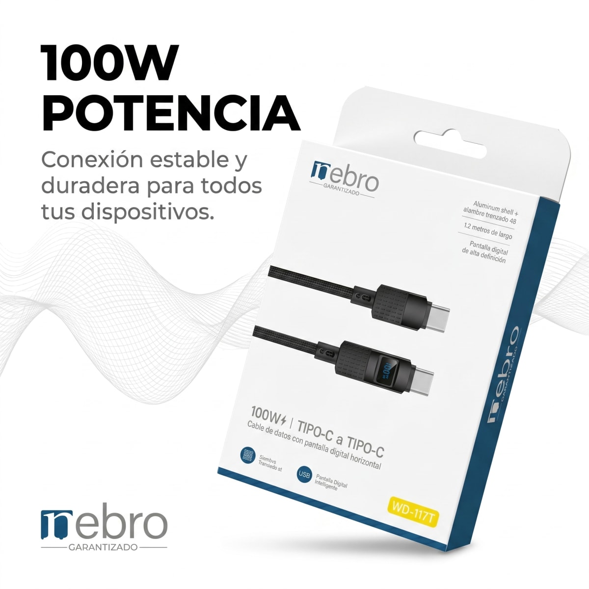 Cable con pantalla digital 100w 1.2m C/C nebro Modelo WD117T3