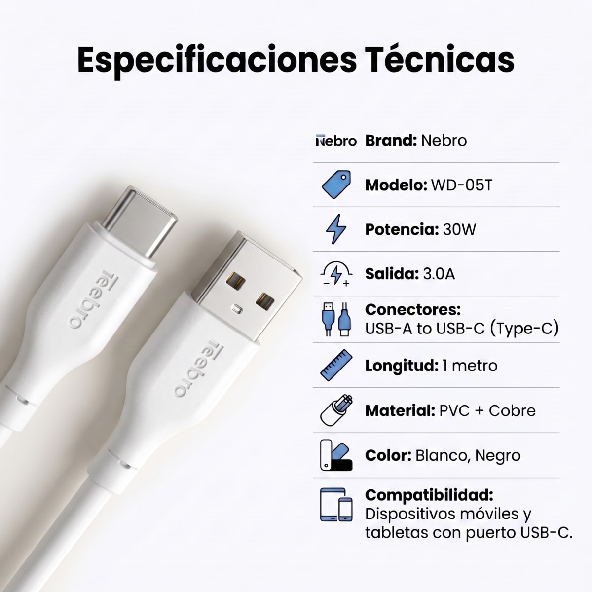 Cable Dato y Carga Nebro WD-05T USB-A/USB-C 1m Carga Rápida4