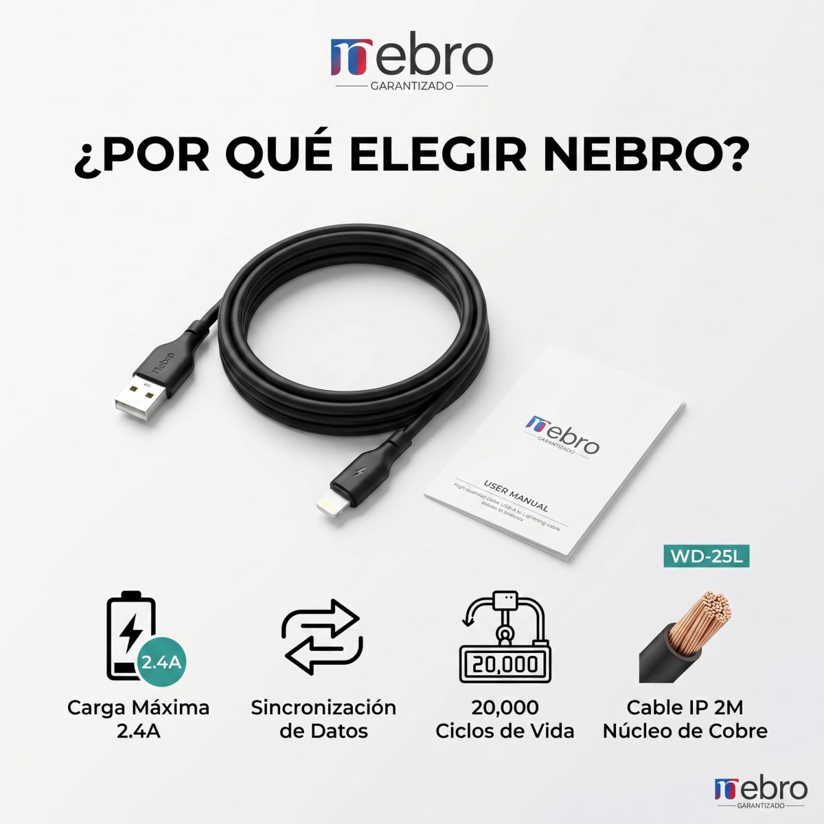 Cable USB a Lightning Nebro WD-25L 2 Metros Carga Rápida 2.4A3