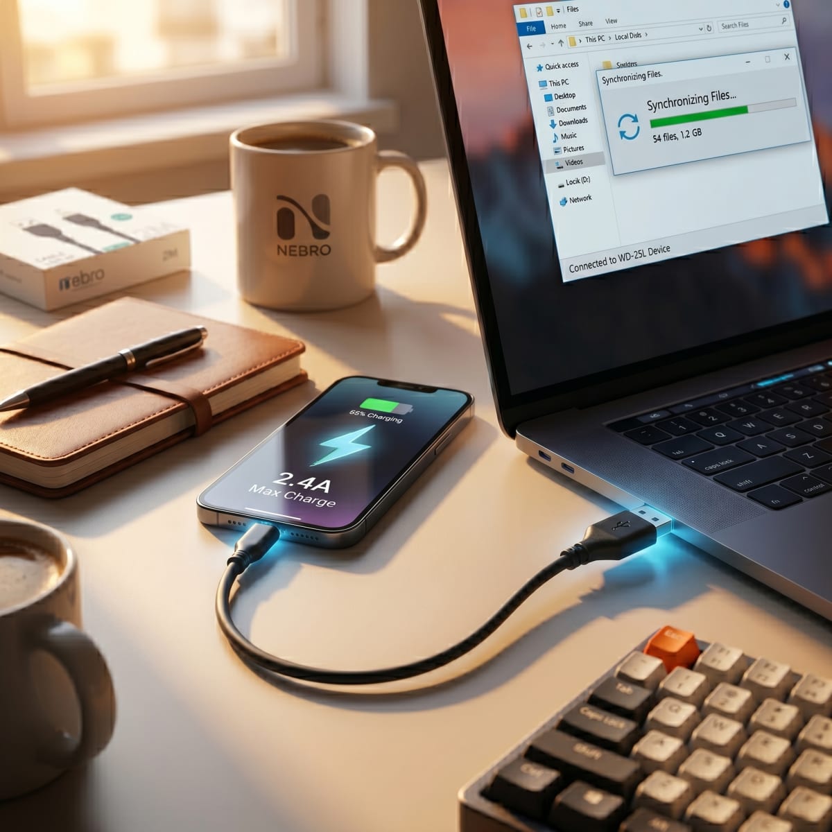 Cable USB a Lightning Nebro WD-25L 2 Metros Carga Rápida 2.4A2