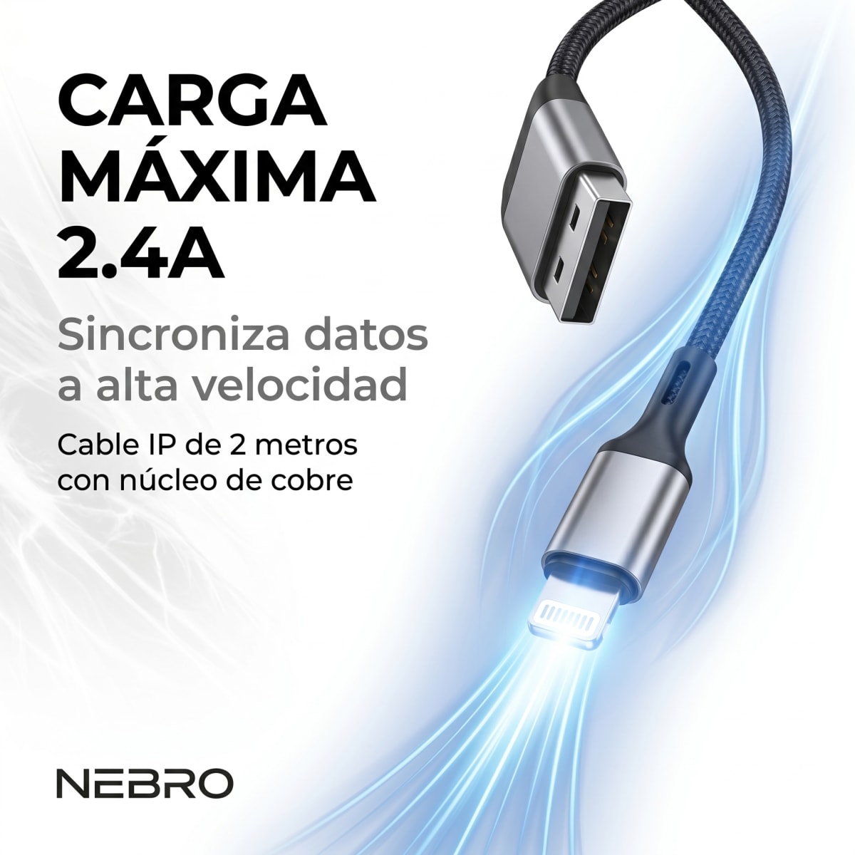 Cable USB a Lightning Nebro WD-25L 2 Metros Carga Rápida 2.4A6