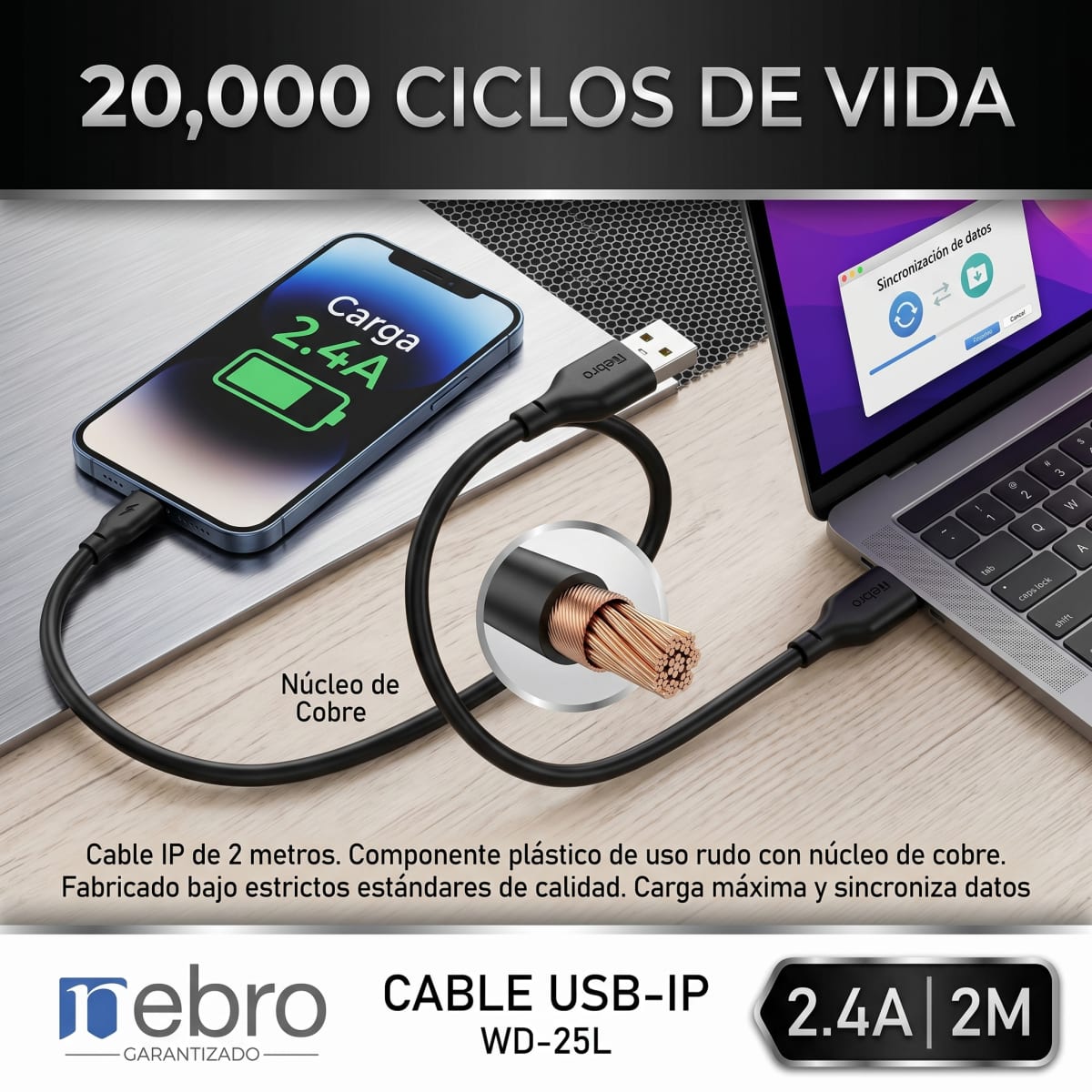 Cable USB a Lightning Nebro WD-25L 2 Metros Carga Rápida 2.4A7