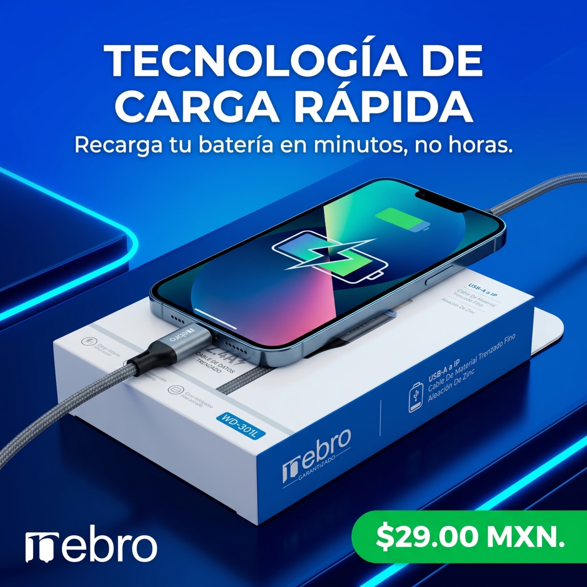 Cable Lightning NEBRO WD301L Carga Rápida3