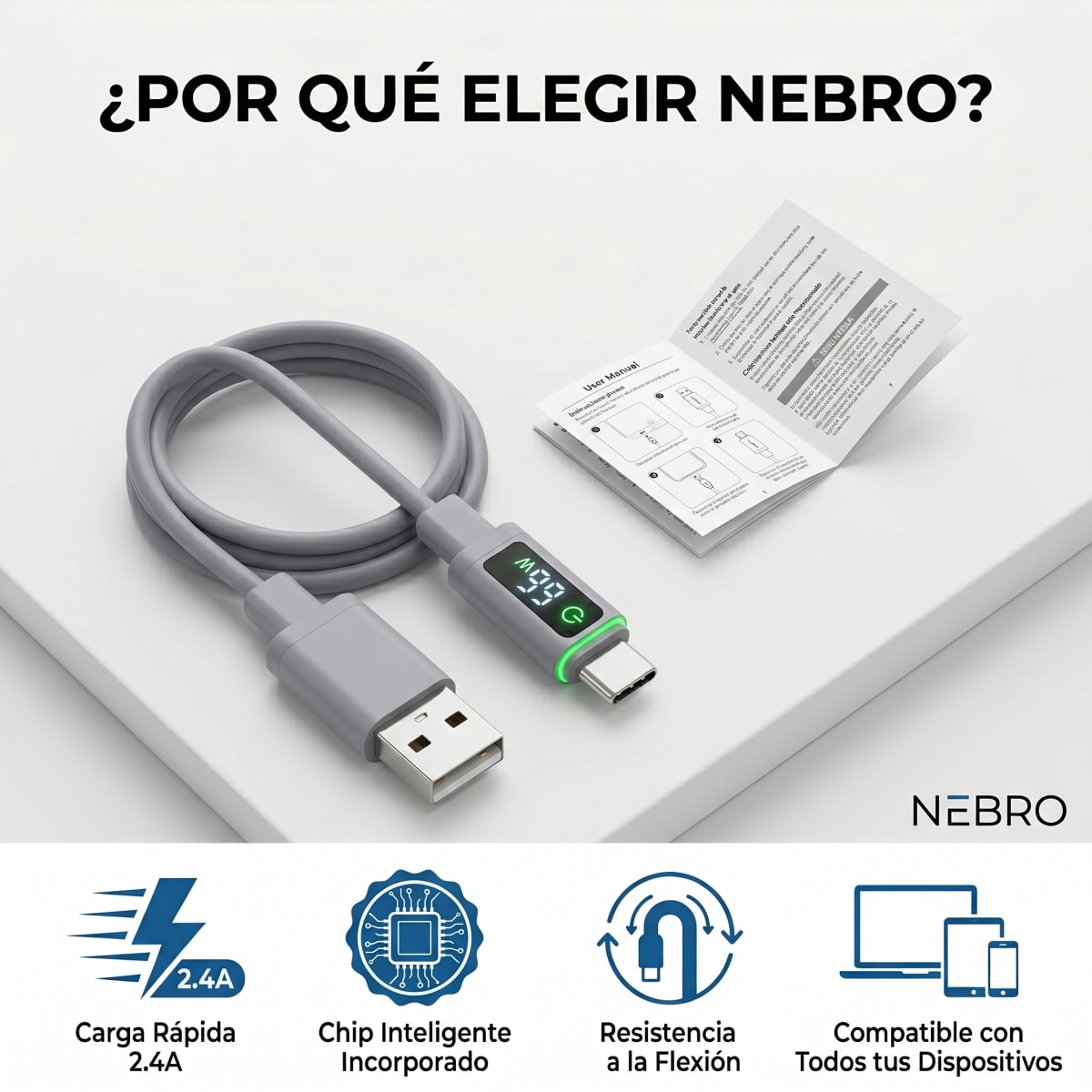 Cable SILICONA NEBRO  USB-C  WD-302T 1.2 Metros Carga Rápida 3.0A6