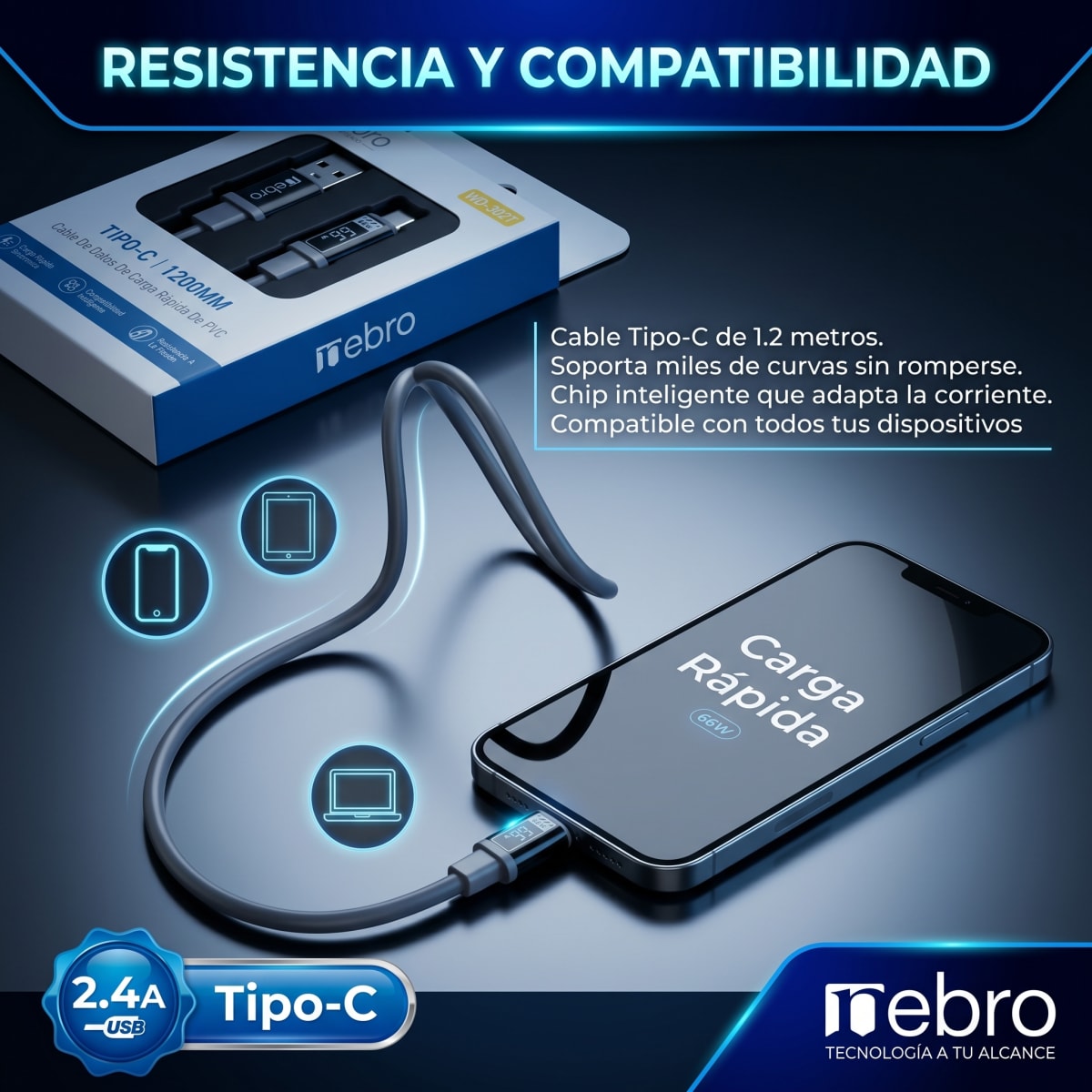 Cable SILICONA NEBRO  USB-C  WD-302T 1.2 Metros Carga Rápida 3.0A4
