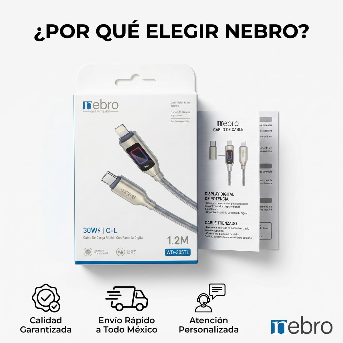 Cable con pantalla digital 30w 1.2m C/IP nebro WD305TL1