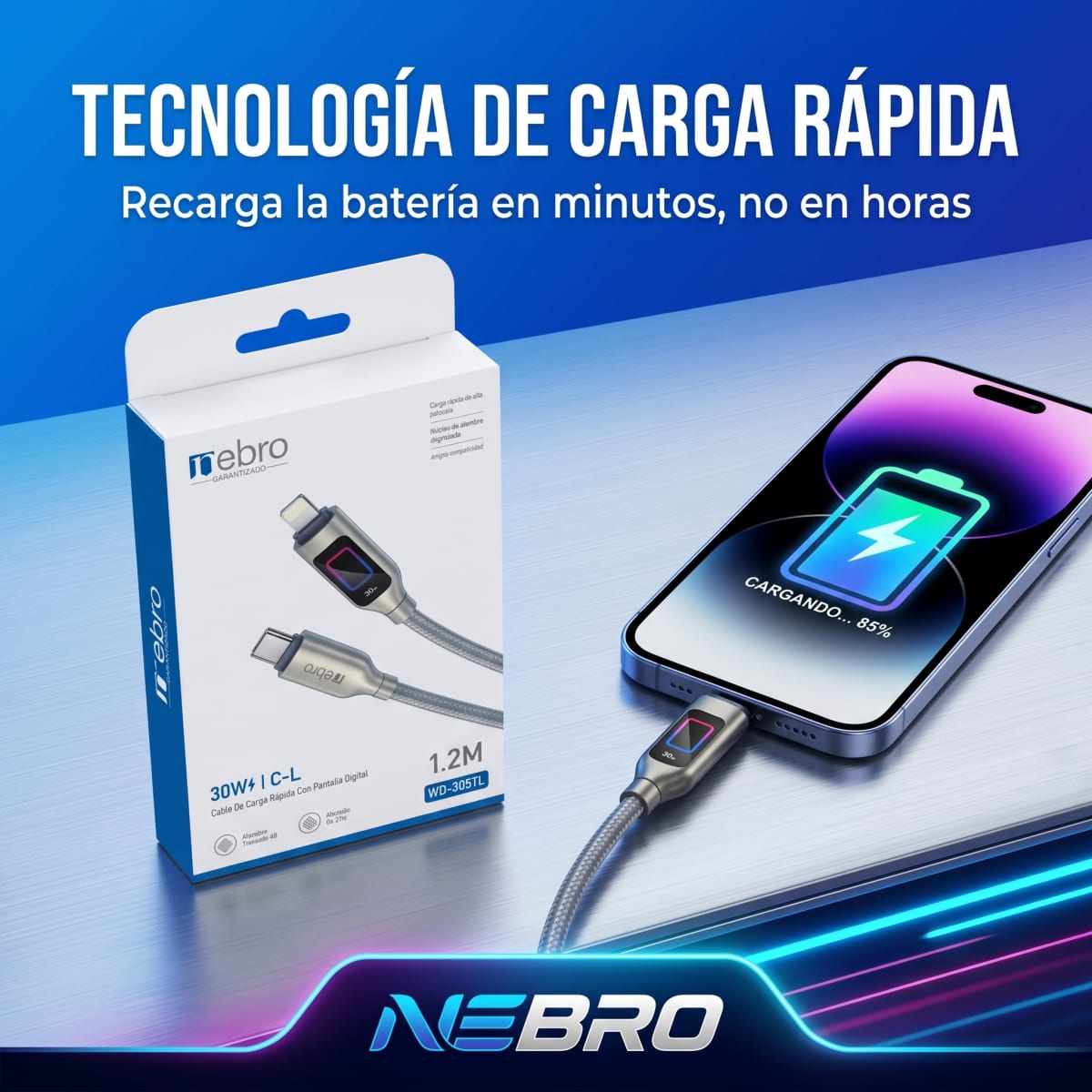 Cable con pantalla digital 30w 1.2m C/IP nebro WD305TL2