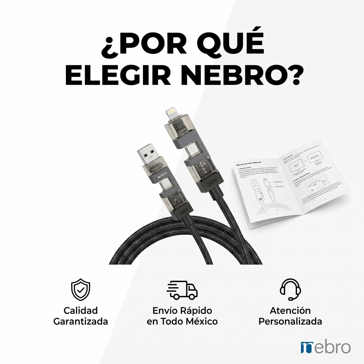 Cable trenzado 4 en 1 240w 1.2m nebro Modelo WD3101