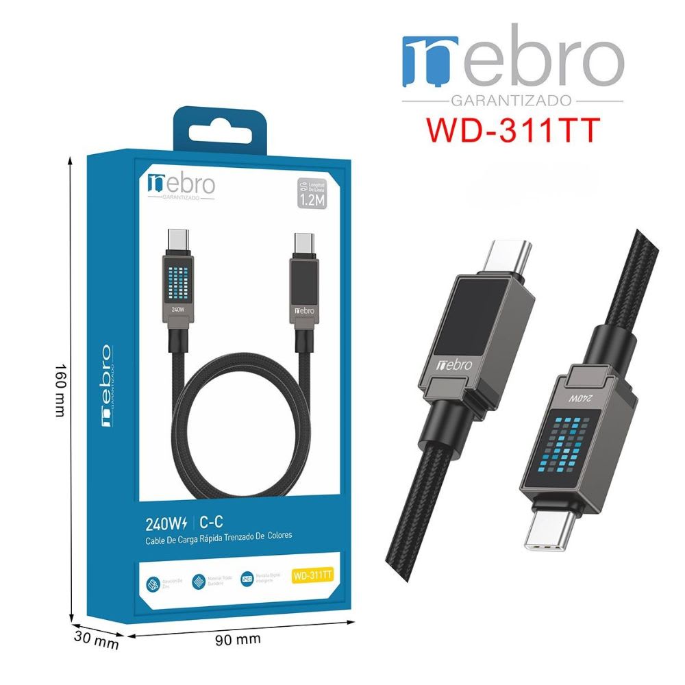 Cable NEBRO TRENZADO C-C Reforzado NEBRO WD-311TT 240W Carga Rápida DISPLAY AMBOS LADOS 1.2 MTS4