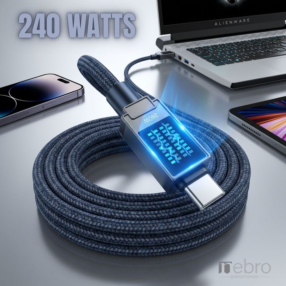 Cable NEBRO TRENZADO C-C Reforzado NEBRO WD-311TT 240W Carga Rápida DISPLAY AMBOS LADOS 1.2 MTS2