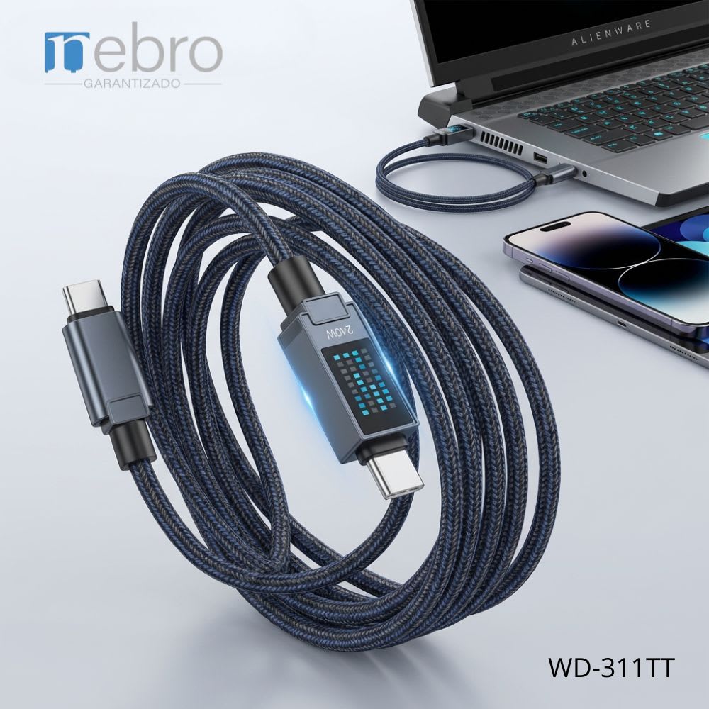 Cable NEBRO TRENZADO C-C Reforzado NEBRO WD-311TT 240W Carga Rápida DISPLAY AMBOS LADOS 1.2 MTS3