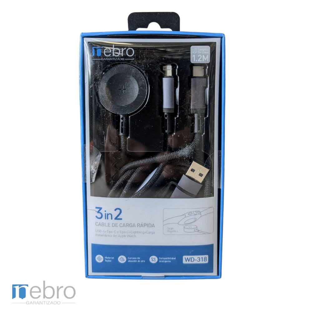 Cable 1.2m Cargador 3 en 1 USB-A + Tipo-C + Lightning + Carga Magnética Nebro WD-3184