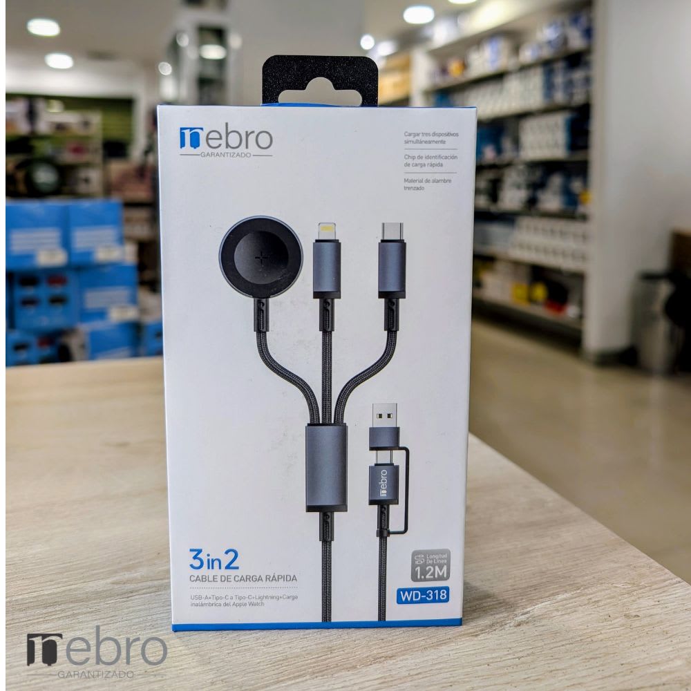Cable METAL TRENZADO 1.5m Cargador 3 en 1 USB-A + Tipo-C + Lightning + Carga Magnética Nebro WD-318 SALIDA 4.0A3